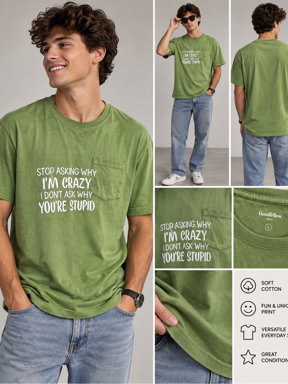 184 Goodfellow & Co Olive Green Graphic Pocket Tee - Men's Casual Short Sleeve